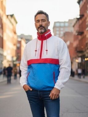 Vintage Sears White, Red & Blue Colorblock Windbreaker / Rain / Men's